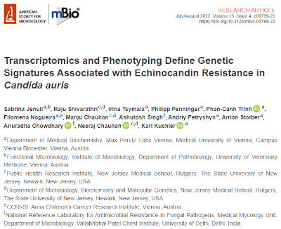 A mBio paper entitled "Transcriptomics and Phenotyping Define Genetic Signatures Associated with Echinocandin Resistance in *Candida auris*"